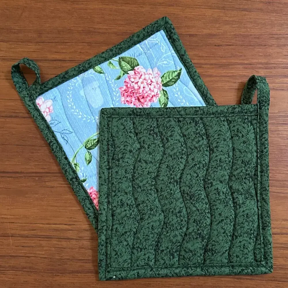 Handmade Pair of Pink & Green Floral Potholders